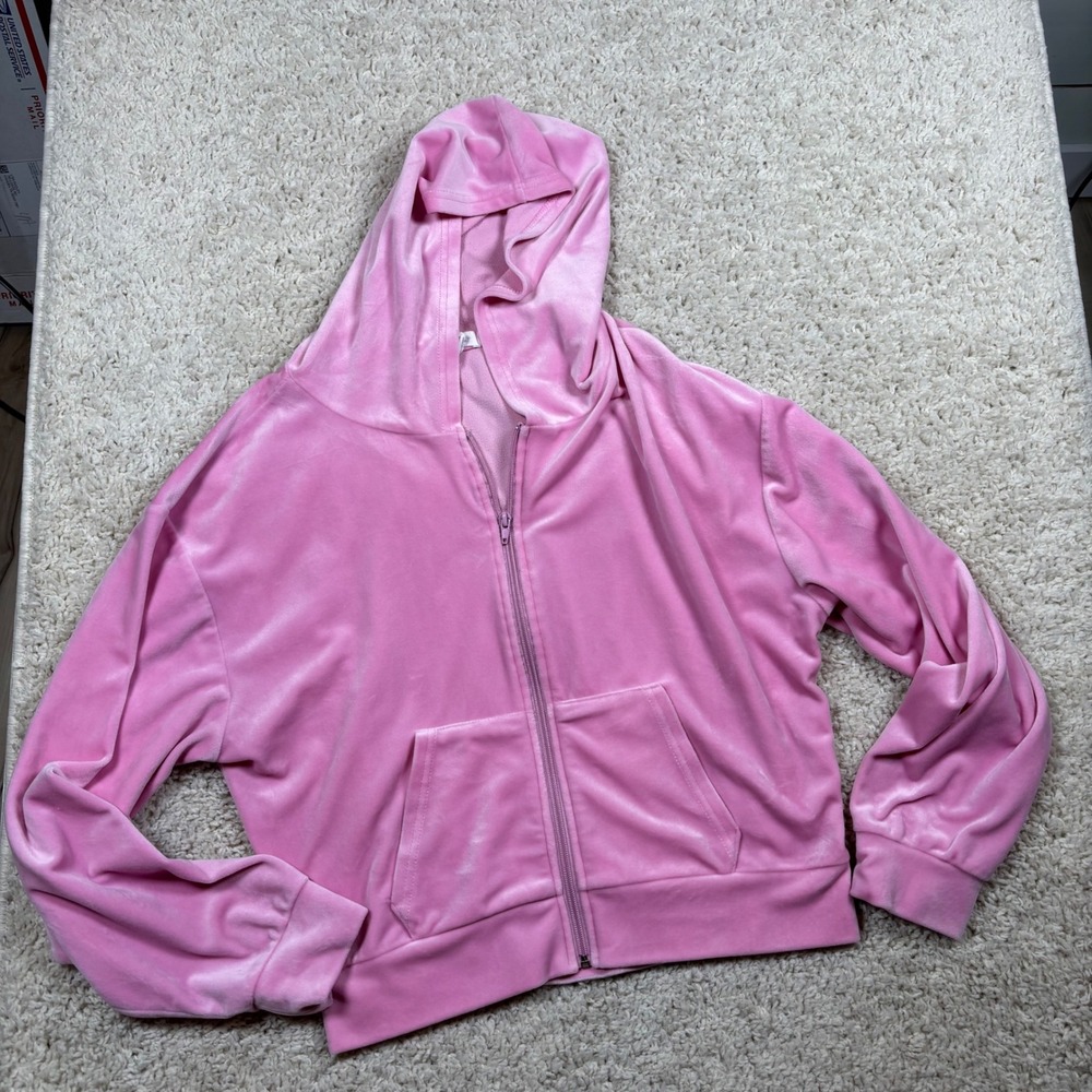 Refuge Athletics Women‎ Pink Velour Full Zip Hoodie Sweatshirt XL Cropped Pocket